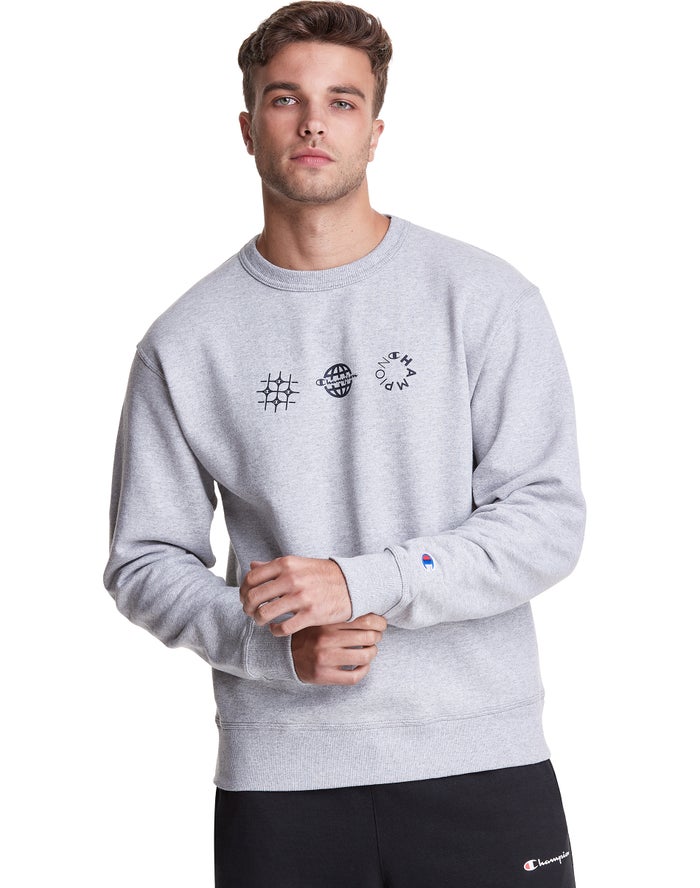 Champion Mens Sweatshirt NZ - Powerblend Fleece Crew Multi-Logos Grey ( 2645-LGTWV )